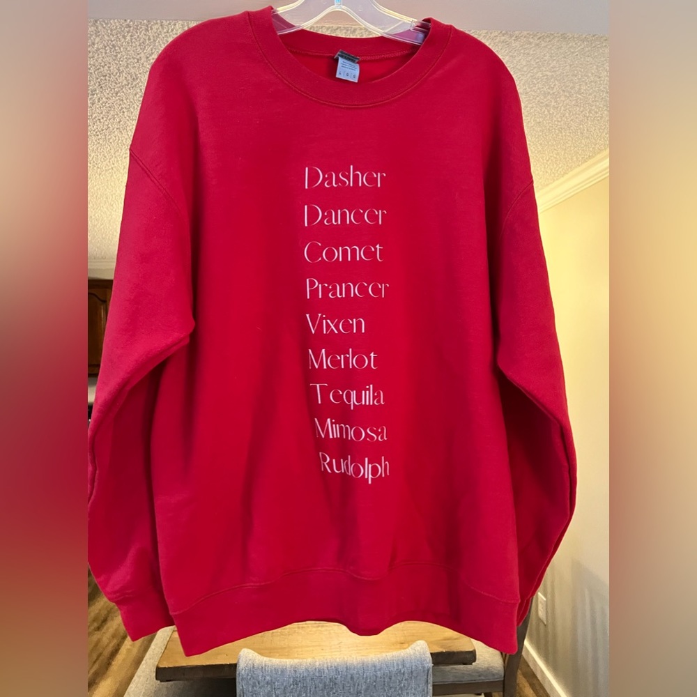 Red, Large Gildan sweatshirt Christmas themed: reindeer names/alcoholic drinks